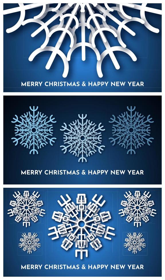 Christmas dark blue background with white paper glitter snowflakes. Set of three new year snowflakes holiday decorations. Vector illustration