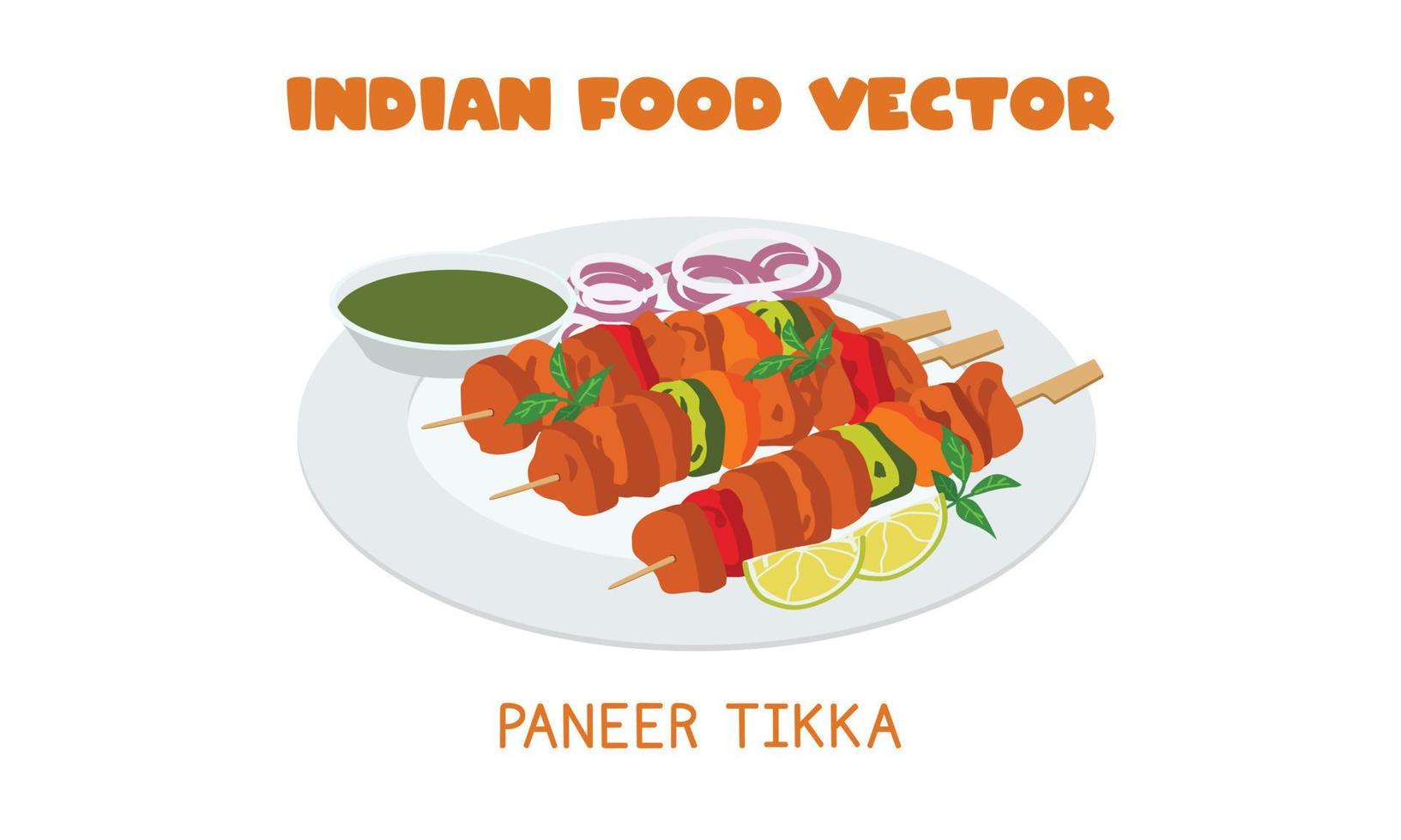 Indian Paneer Tikka - Indian grilled paneer tandoori snack flat vector illustration isolated on white background. Paneer Tikka clipart cartoon. Asian food. Indian cuisine. Indian food