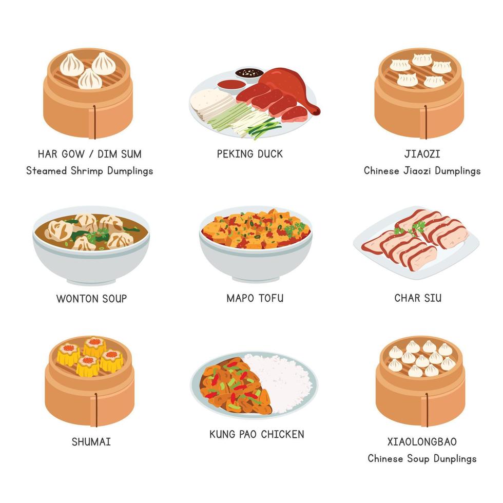 conjunto de vectores de comida china. platos famosos en china ilustración vectorial plana, dibujos animados de imágenes prediseñadas. pato pequinés, albóndigas, char siu, pollo kung pao. comida asiática. cocina china. diseño de vectores de alimentos chinos