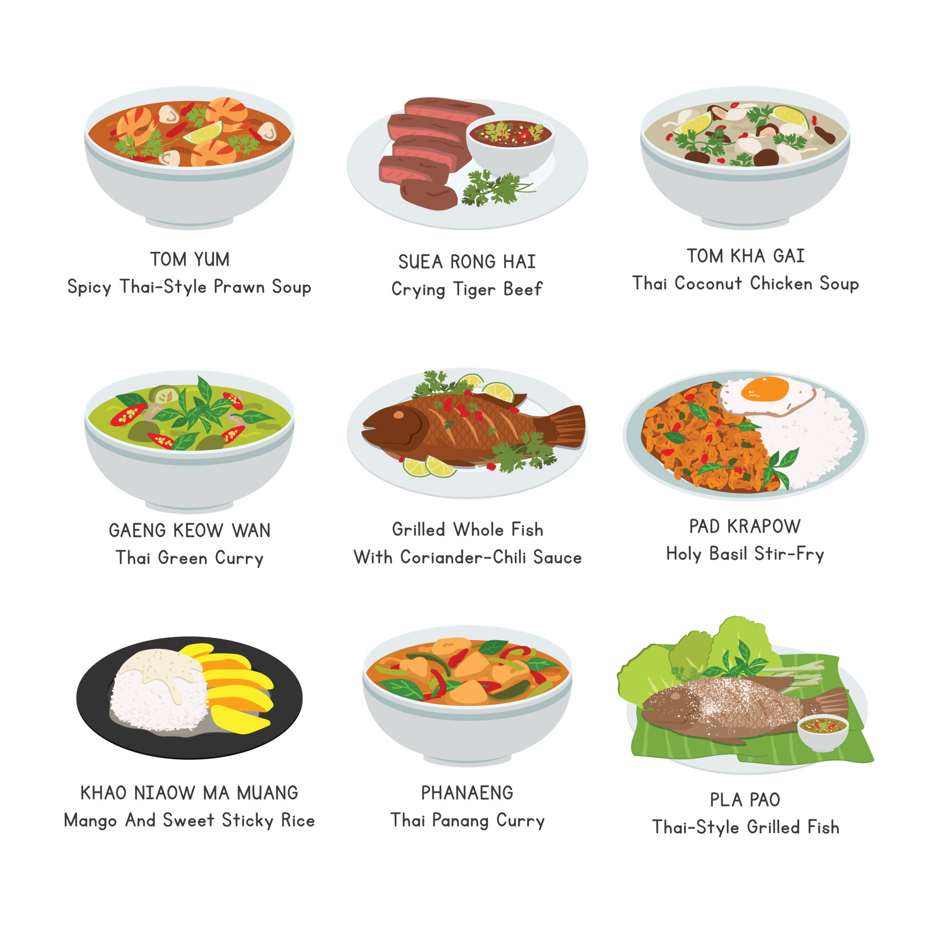 Thai Food vector set. Set of famous dishes in Thailand flat vector  illustration, clipart cartoon. Tom Yum, Tom Kha Gai, Crying Tiger Beef, Pla  Pao. Asian food. Thai cuisine. Thai foods vector