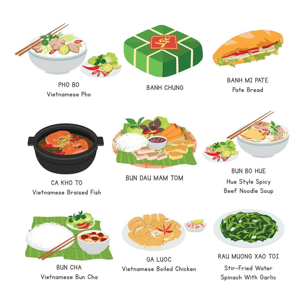 conjunto de vectores de alimentos vietnamitas. conjunto de platos famosos en la ilustración de vector plano de vietnam, caricatura de clipart. banh mi, pho, bun cha, banh chung. comida asiática. cocina vietnamita. diseño de vectores de alimentos vietnamitas