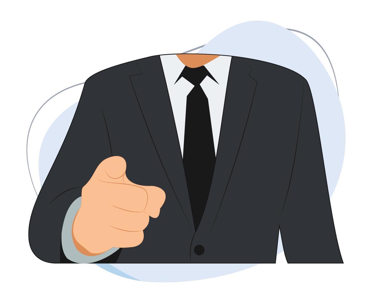 businessman in suit pointing ahead. businessman with hand pointing ahead. flat vector illustration of businessman pointing firmly