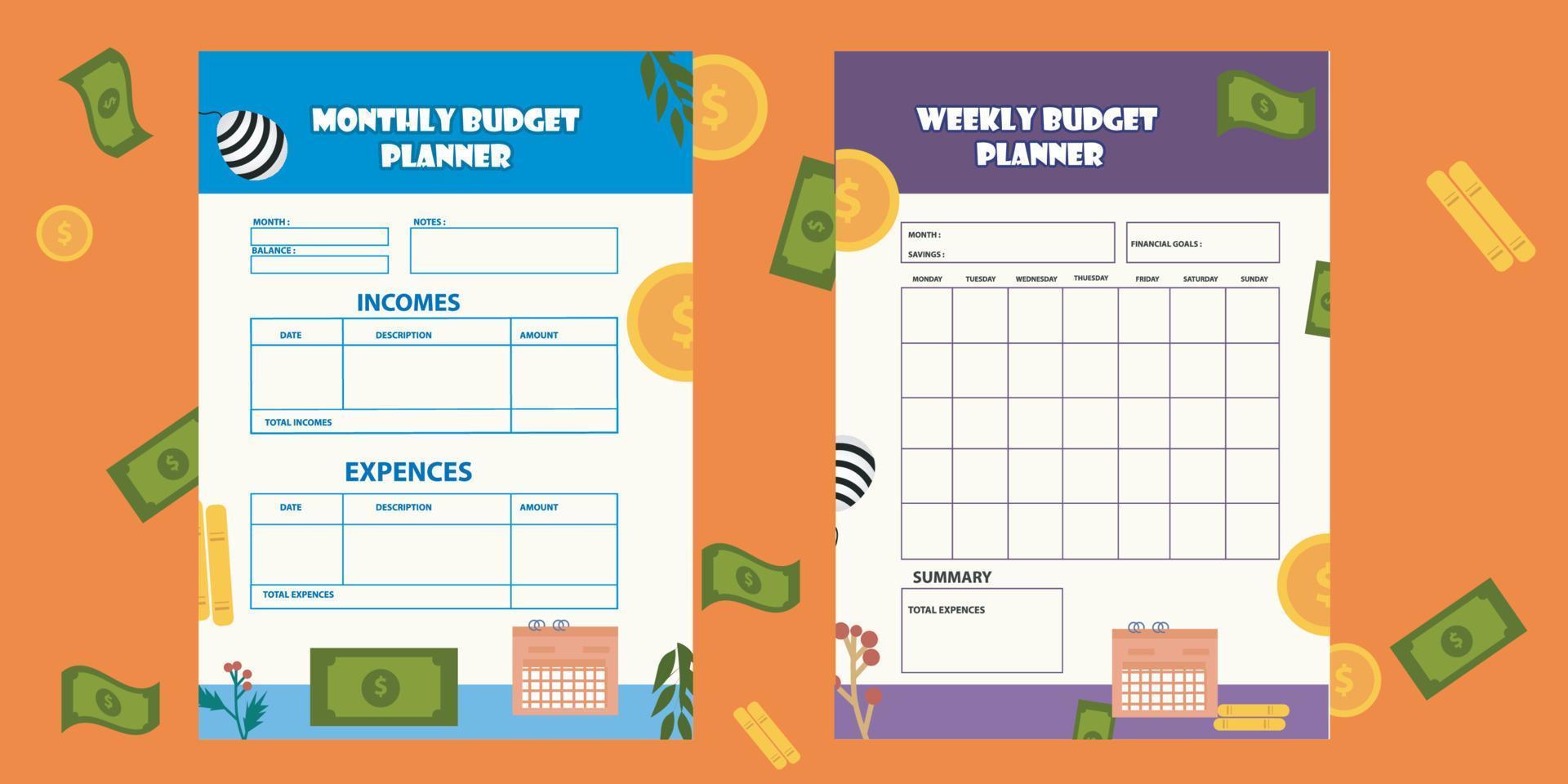 Modern design Vector planner pages templates. Daily, weekly, monthly, project, budjet and meal planners with vector asset illustration for budgetin plan on eps 10 format