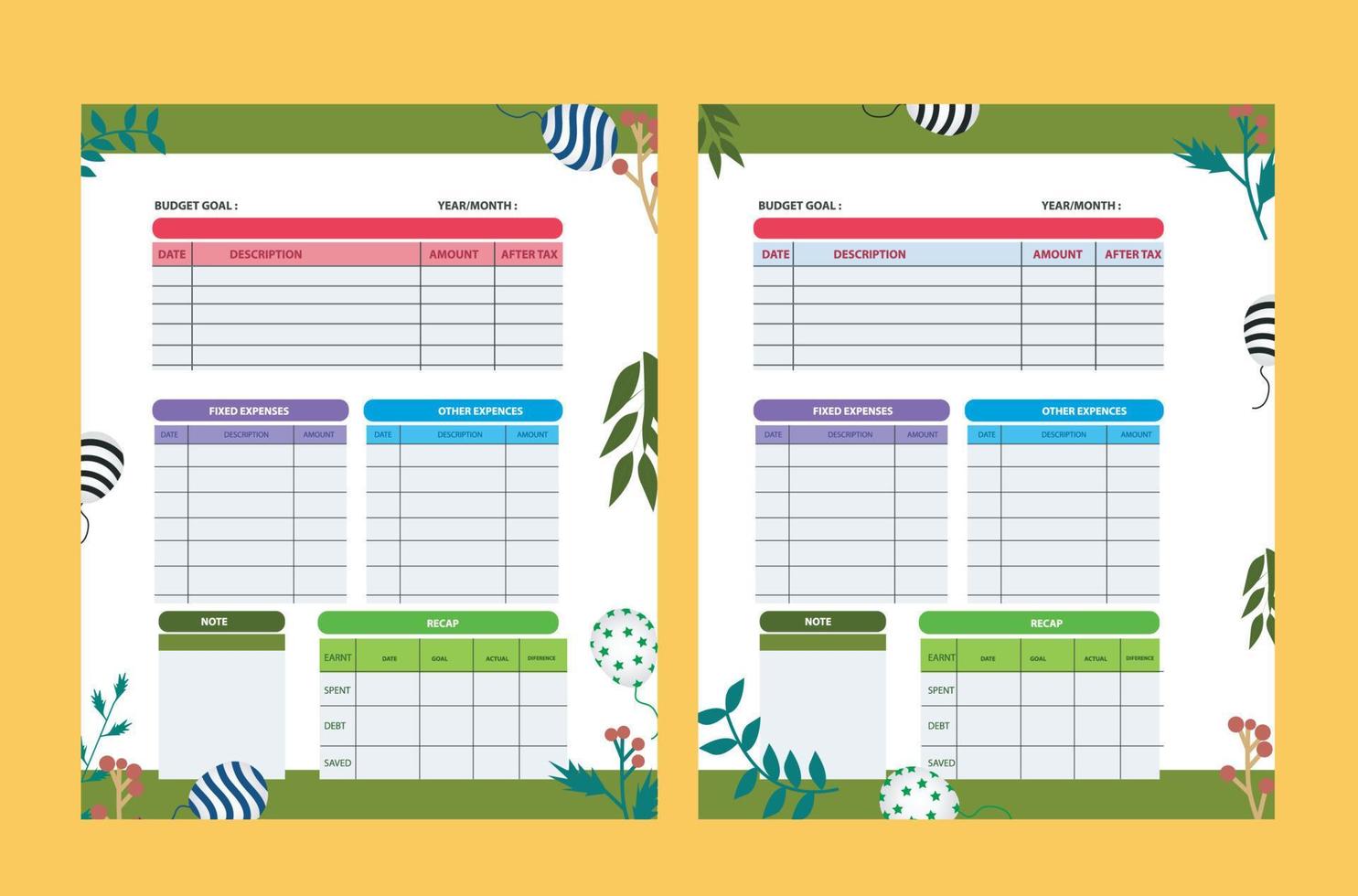 plantillas de páginas de planificador de vector de diseño moderno. planificadores diarios, semanales, mensuales, de proyectos, presupuestos y comidas con ilustración de activos vectoriales para el plan de presupuesto en formato eps 10