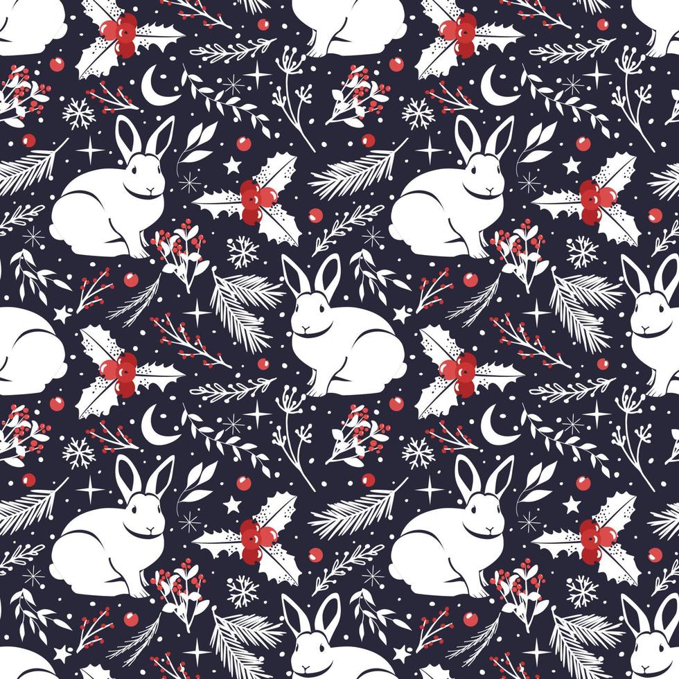 White hares on the background of twigs, Christmas. vector pattern