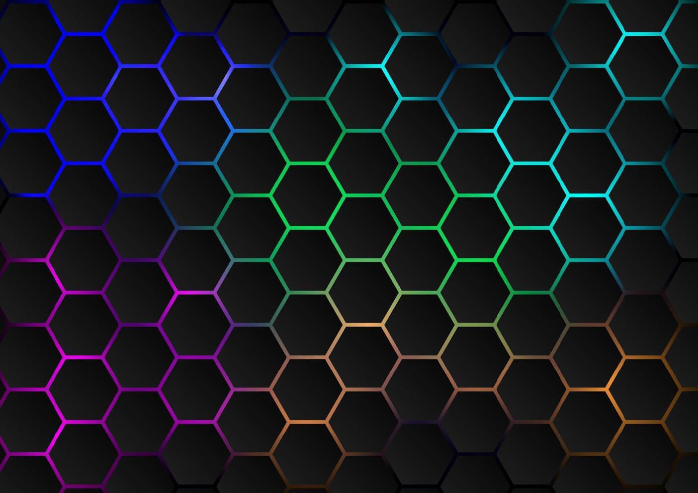 The hexagons are arranged like a honeycomb, with light blue, pink, green, orange below them bright and dark. on a black background, fantasy, futuristic and technology vector