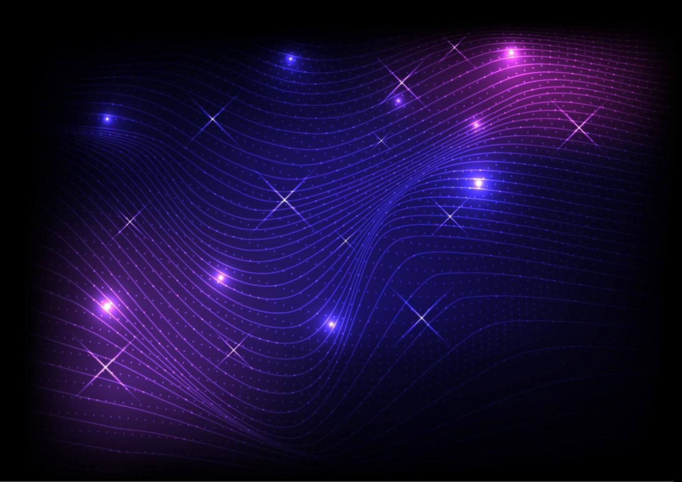 mesh line and wavy moving point, pink, purple, bright blue under the line, there are colored point with stars. that are scattered around on a black background vector