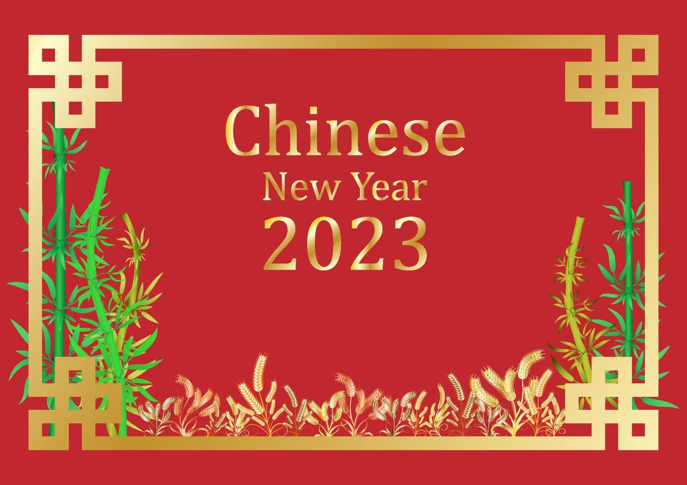 chinese new year 2023 with green and yellow bamboo There is a golden rice plant at the bottom and a gold lettering in the center of the image on a red background, symbolizing happiness and wealth. vector