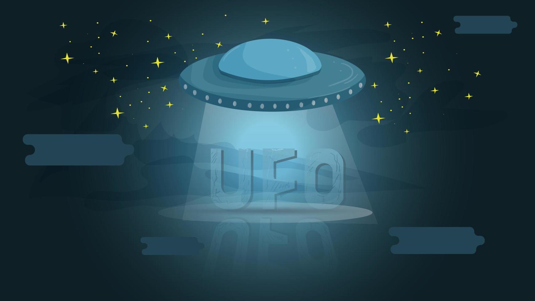 UFO hovered over the letters at night illuminating them a flat illustration for the design vector