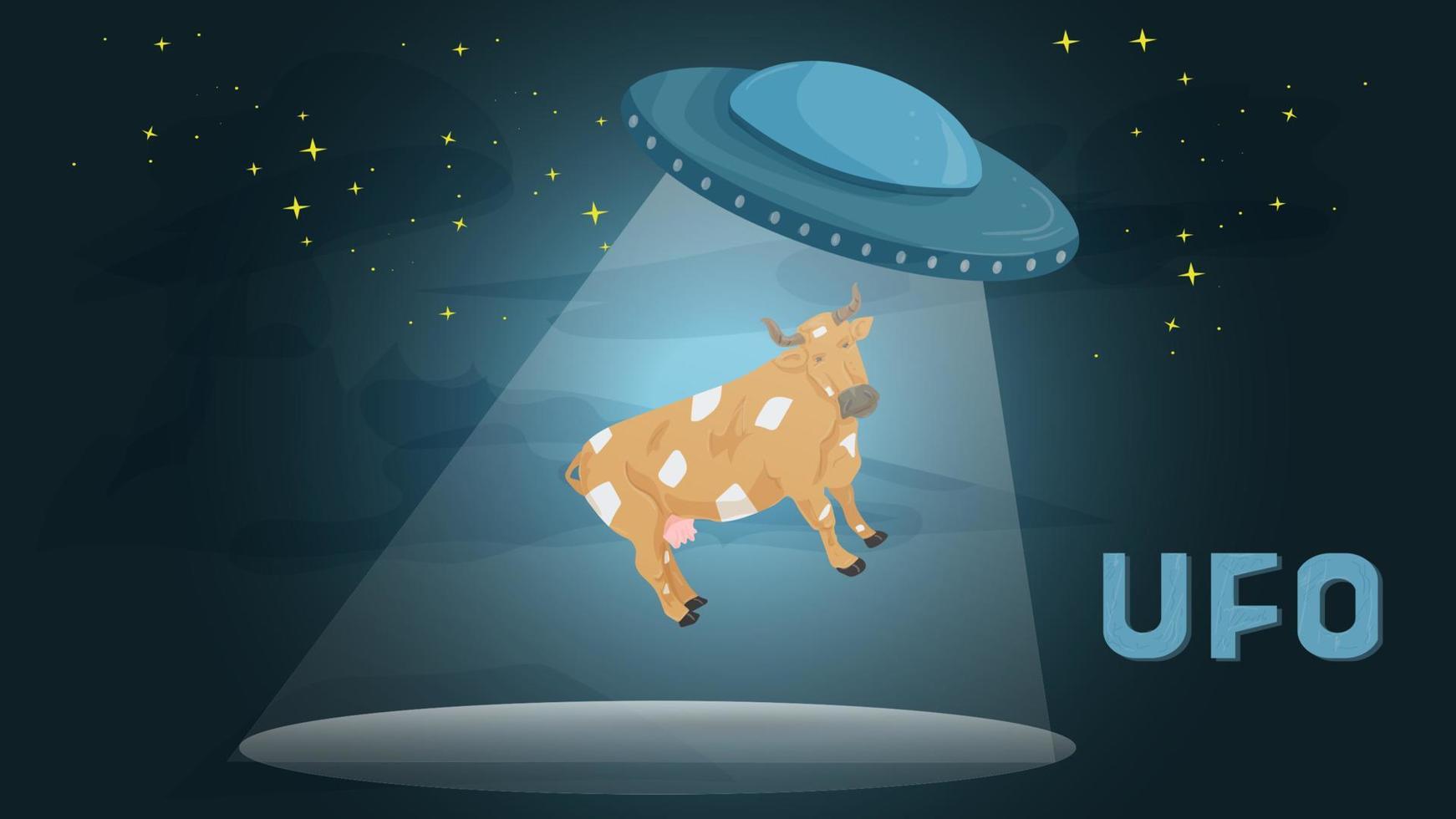 UFO abducts an animal cow at night flat illustration for design vector