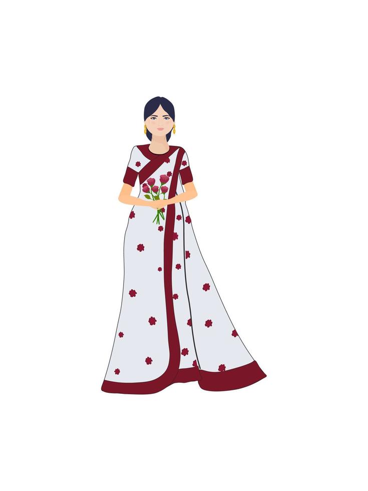 ilustración vectorial de dama sari. mujer vistiendo un hermoso sari tradicional con flor vector