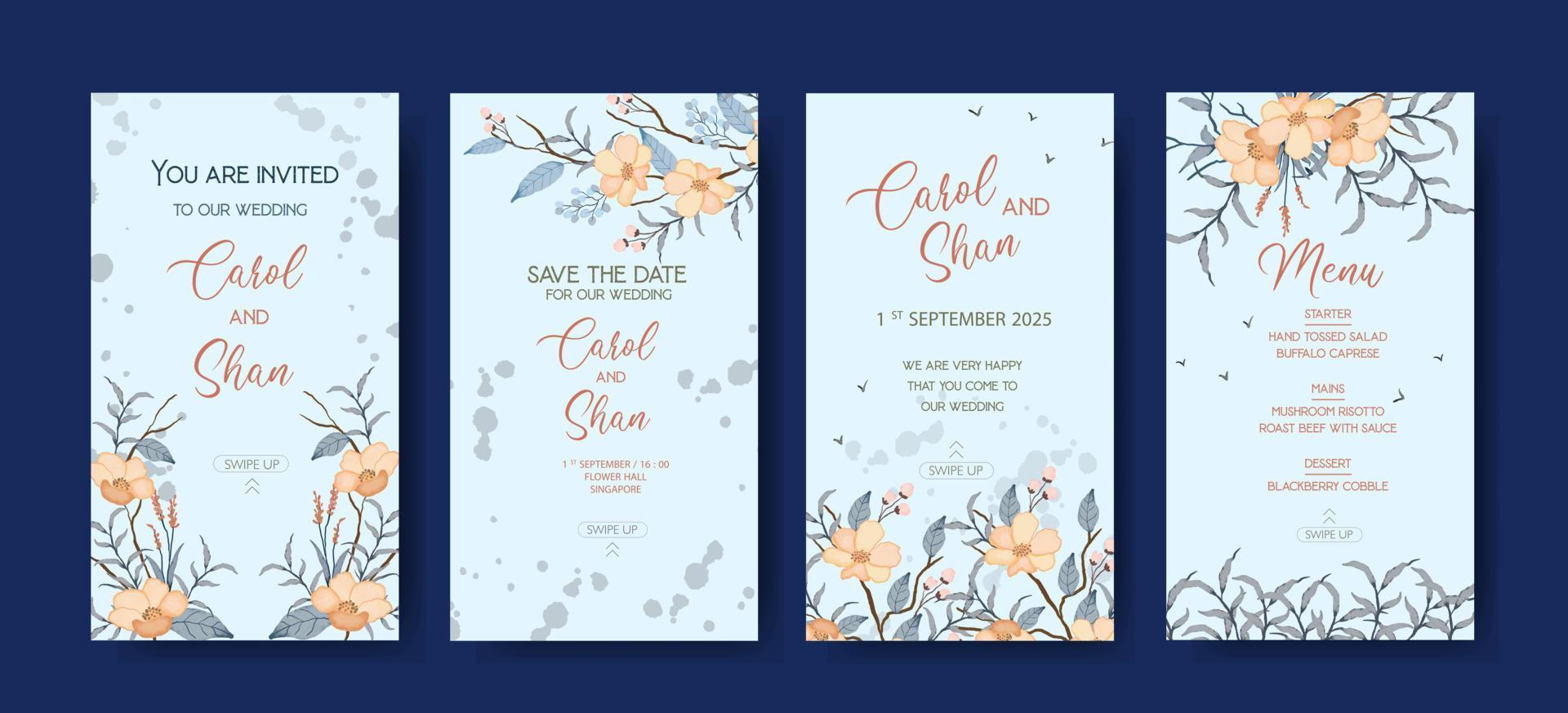 Elegant botanical watercolor wedding invitation instagram stories template vector