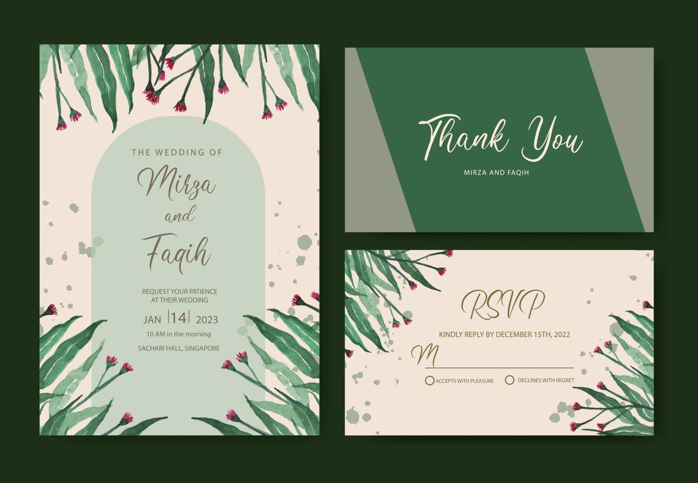 an elegant wedding invitation template with beautiful hand drawn watercolor leaves vector