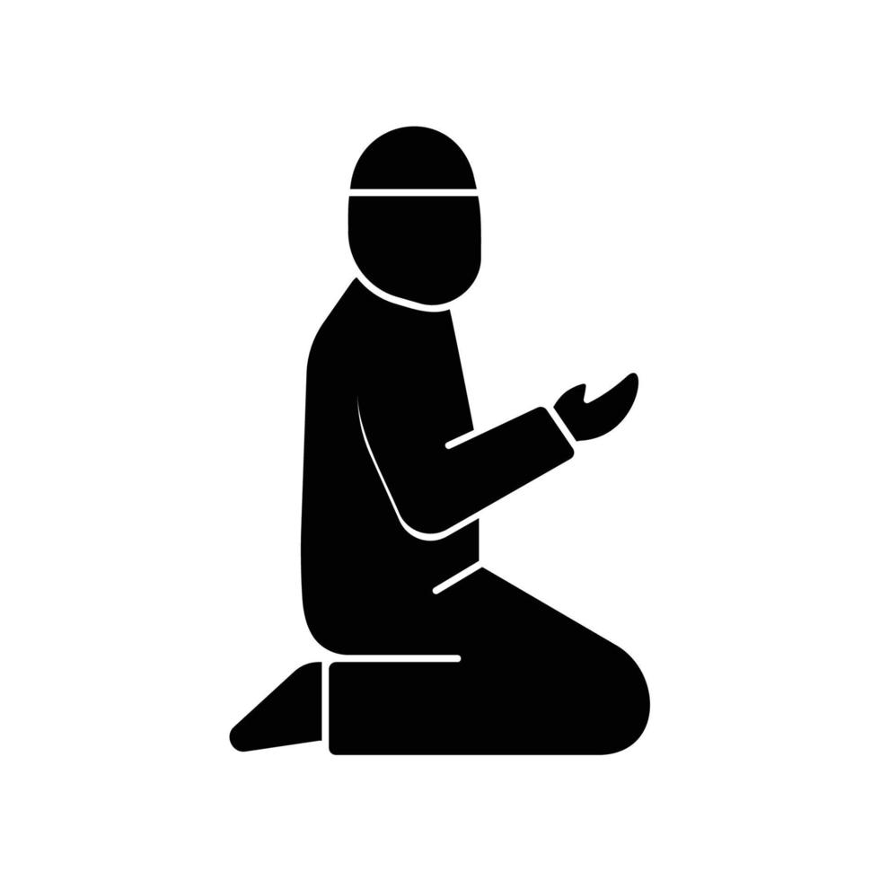 Icon of a Muslim man wearing a robe and skullcap doing prayer in a sitting position and raising his hands vector