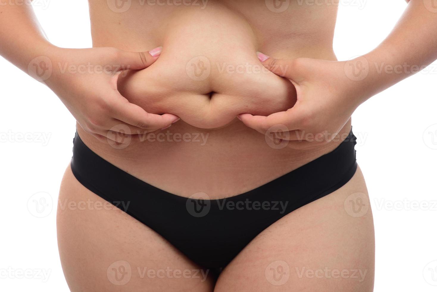 Midsection view of a woman pinching skin for fat test. Isolated on white background. photo