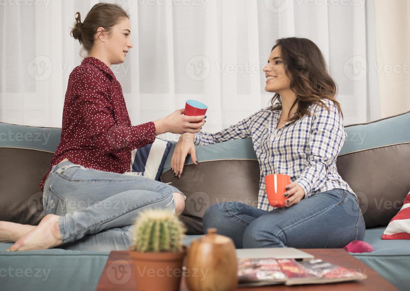 Best friends having fun at home. Young women having conversation. photo