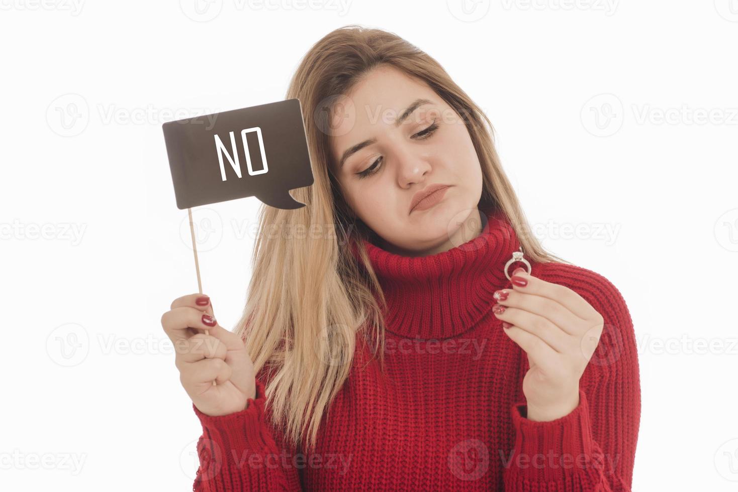 Woman holding engagement ring and sign saying YES photo