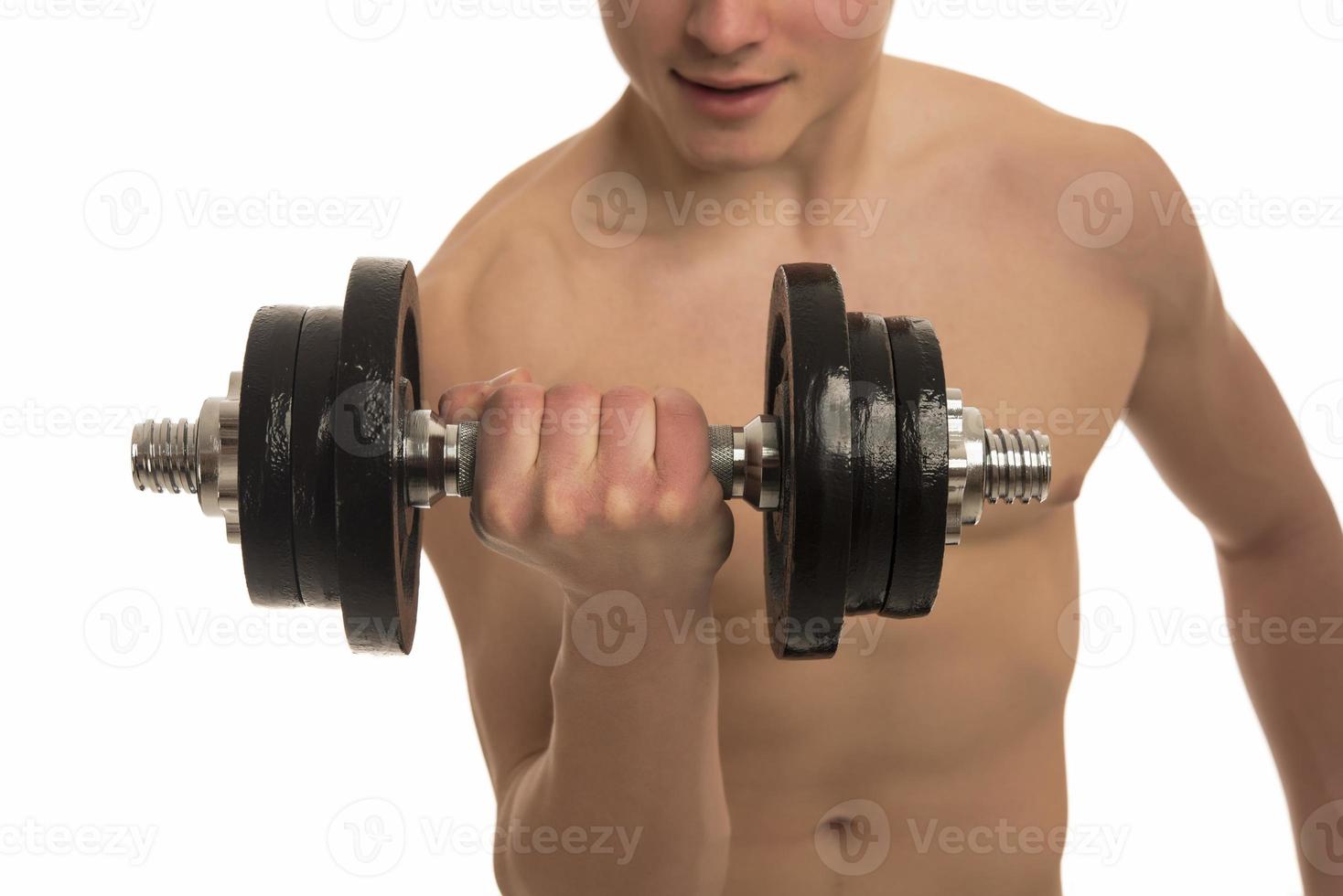 male holding  dumbbells isolated on white background photo