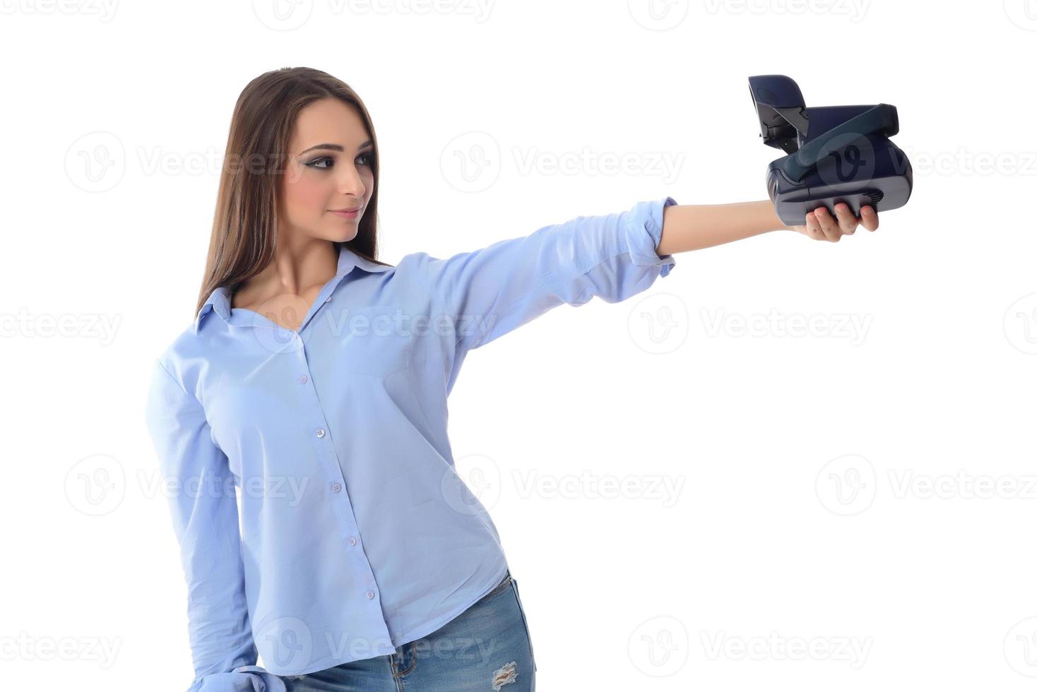 Happy travel young girl selfie taking pictures of herself isolated over white background, asian photo