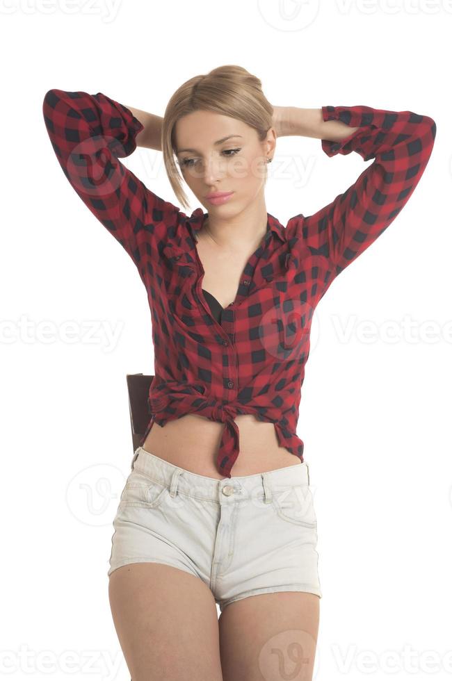 Smiling woman with beautiful body after diet, isolated on white background. Going crazy and looking happily in camera photo