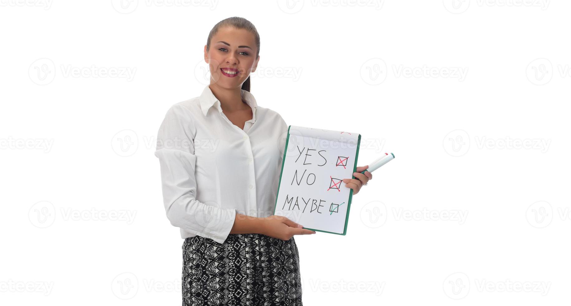 A portrait of a young woman trying to make a decision over white background photo