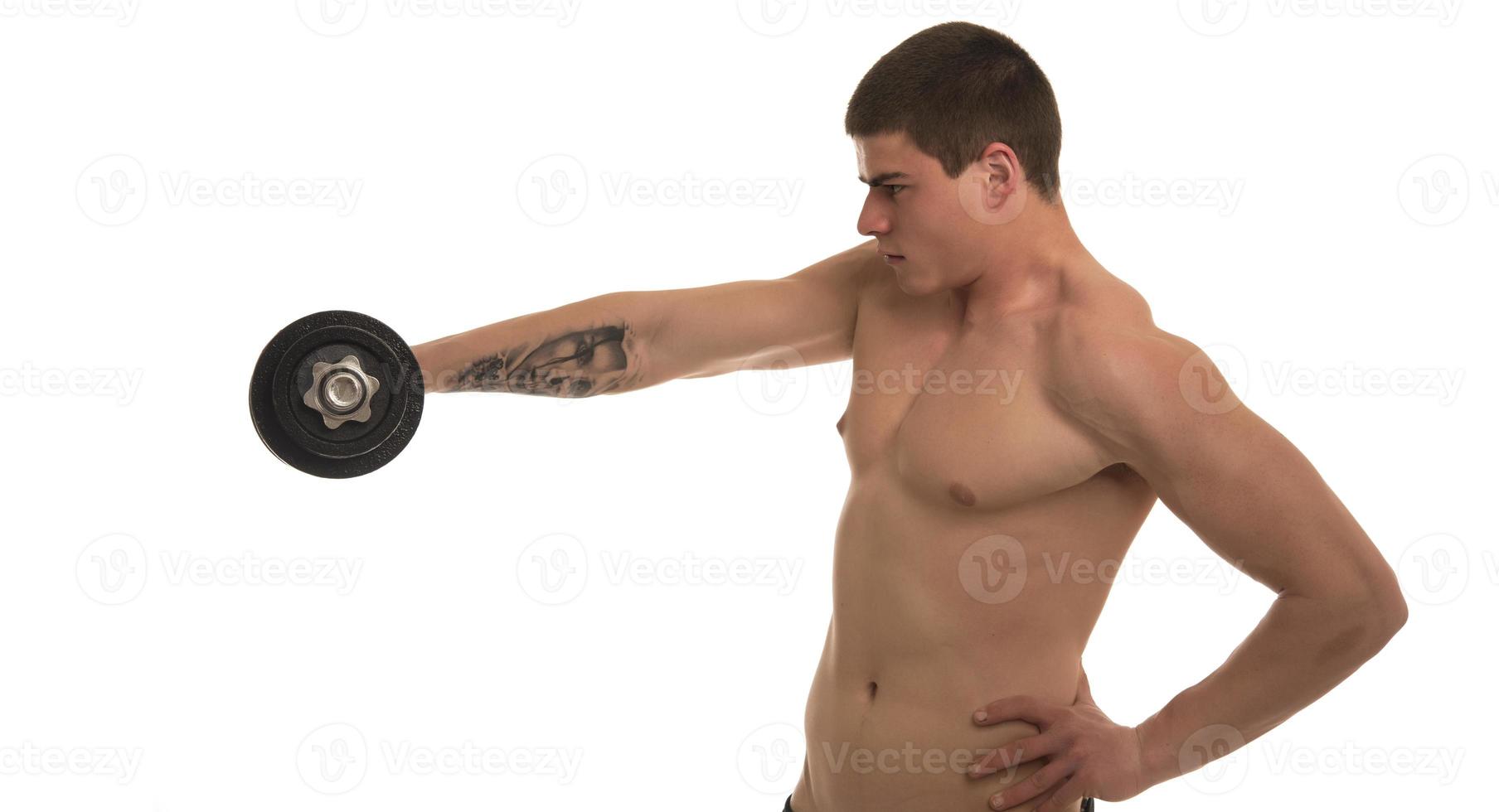 male holding  dumbbells isolated on white background photo
