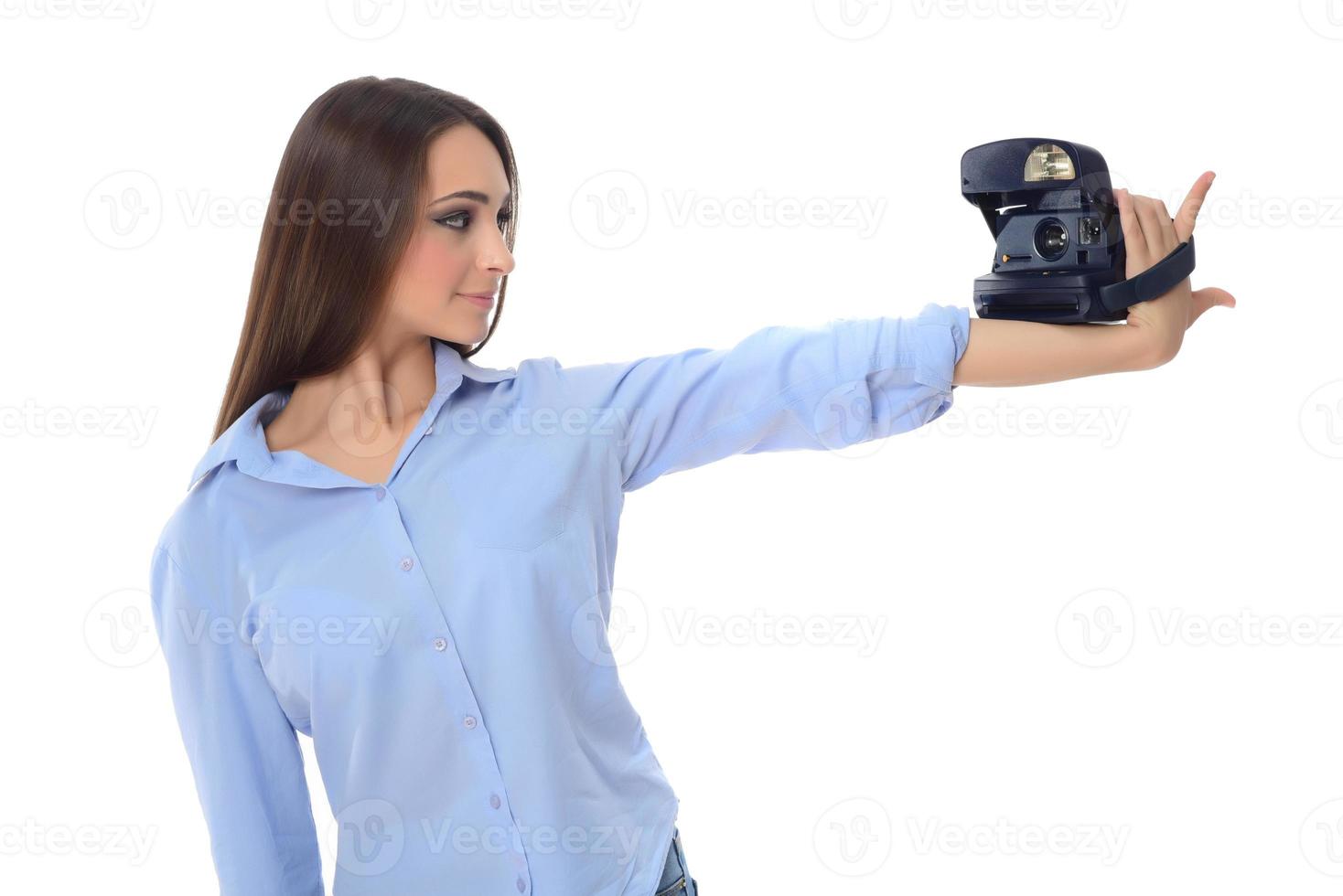 Happy travel young girl selfie taking pictures of herself isolated over white background, asian photo