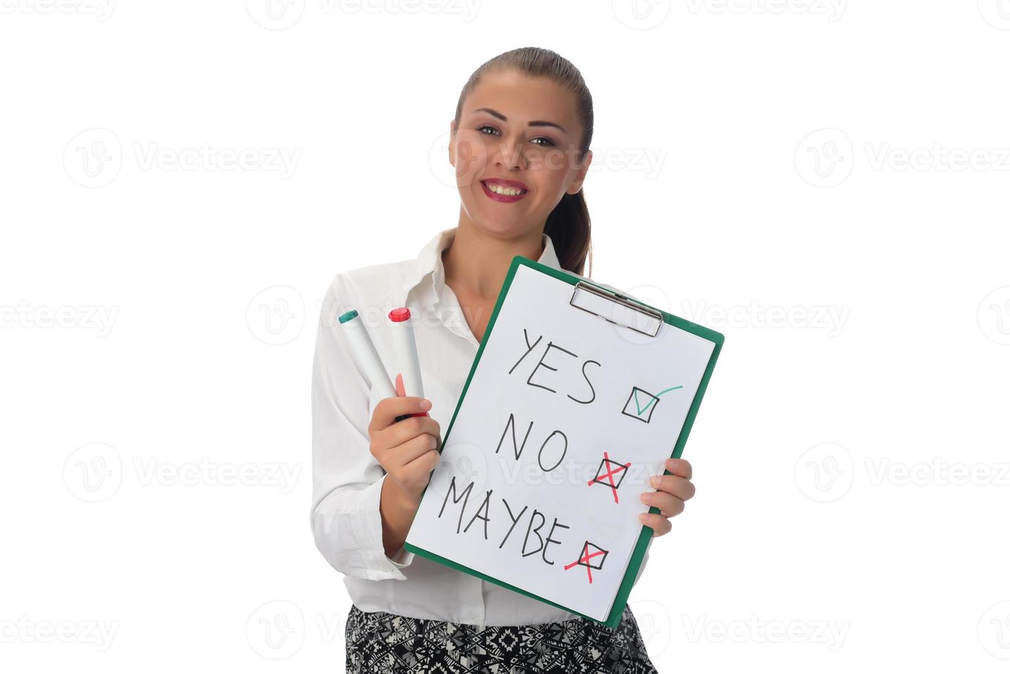 A portrait of a young woman trying to make a decision over white background photo