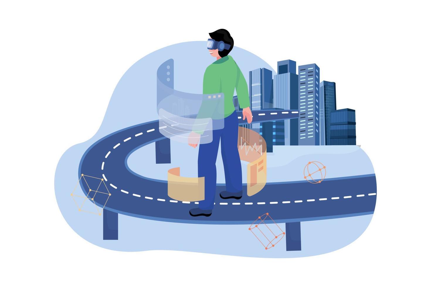 High angle view of a man walking on the digital bridge to a futuristic metaverse smart city vector