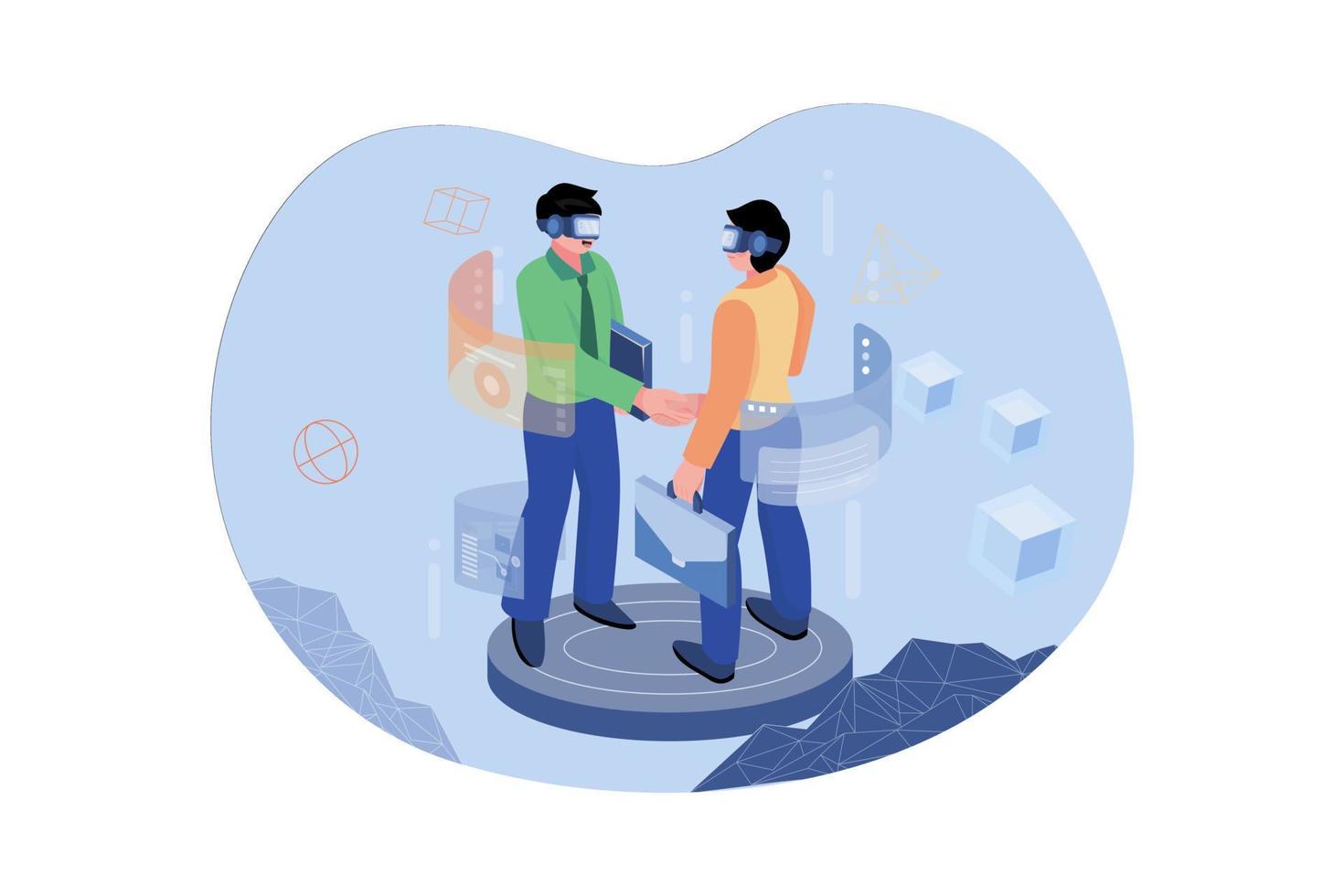 Man wearing virtual glasses is shaking a hand with a hologram graphic in a cyberspace area vector