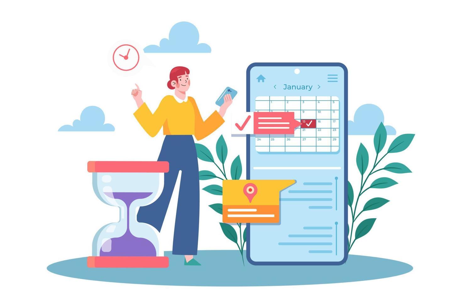 Girl Checking Her Meeting Schedule On A Mobile App vector