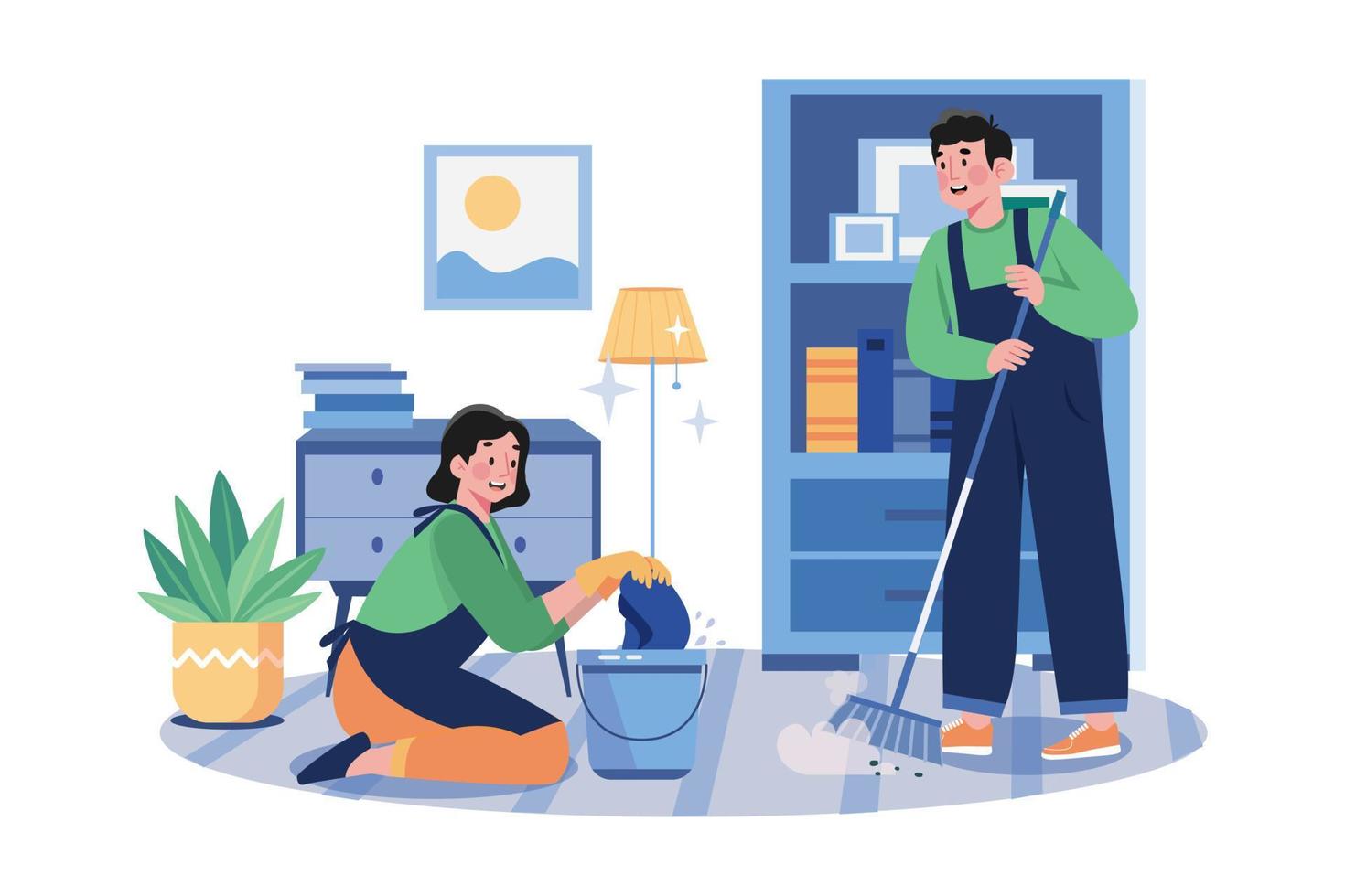 Cleaning Worker With Bucket And Broom vector