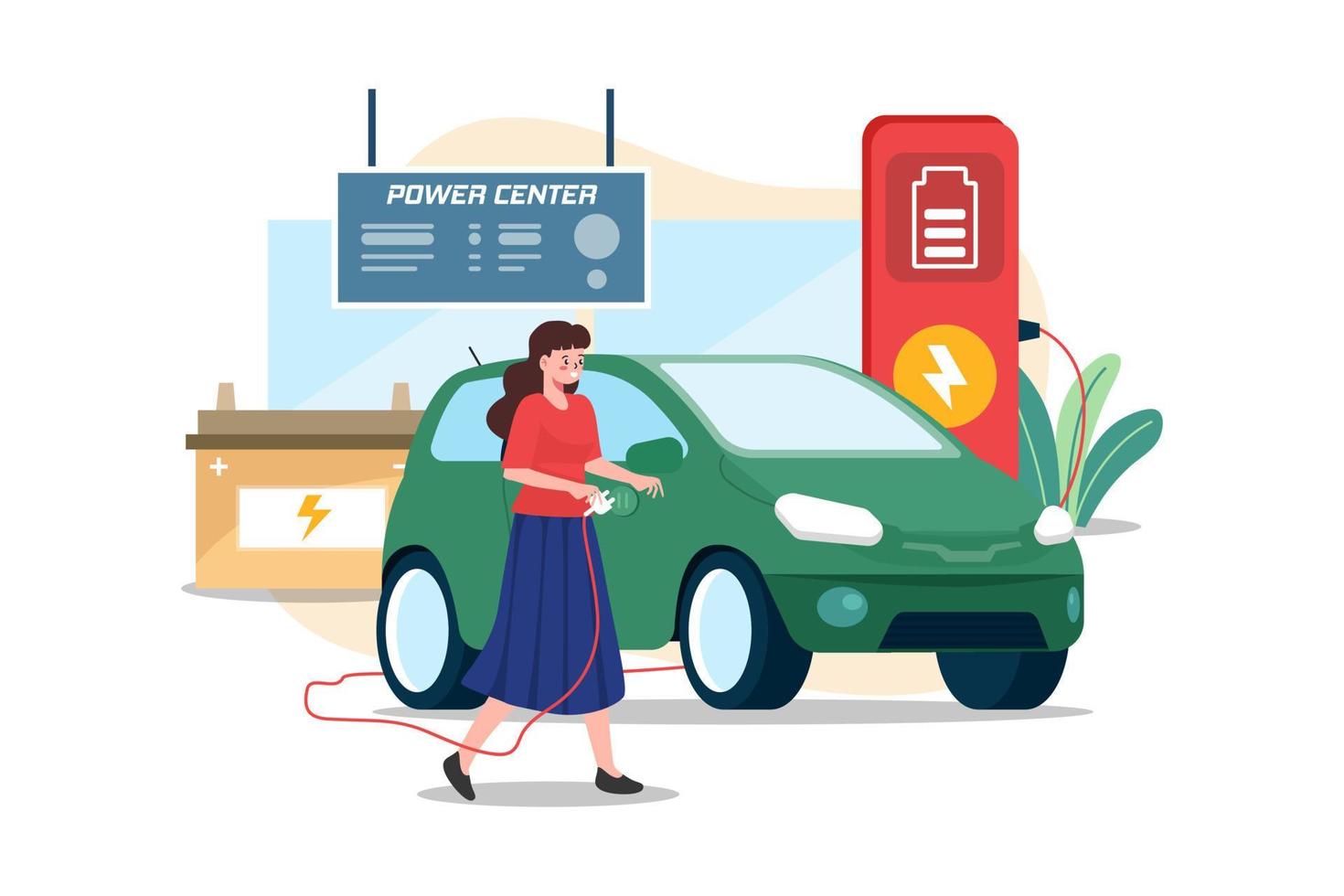 Woman Charges Electric Car At The Power Center vector