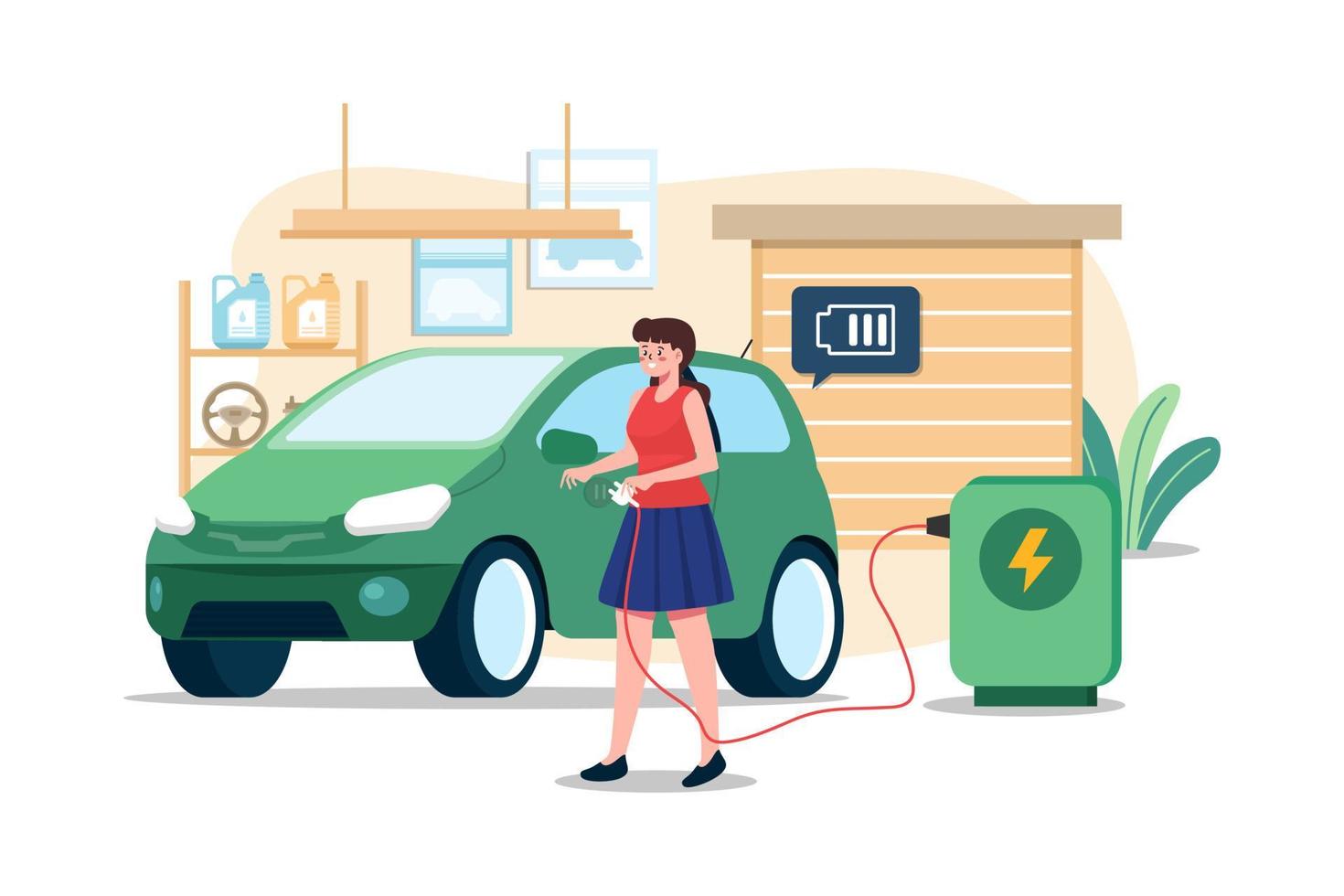 mujer cargando un coche eléctrico en casa vector