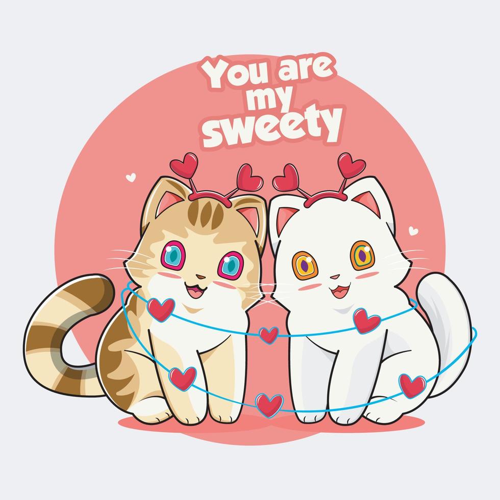 día de San Valentín. lindo gato con su amante ilustración vectorial descarga gratuita vector