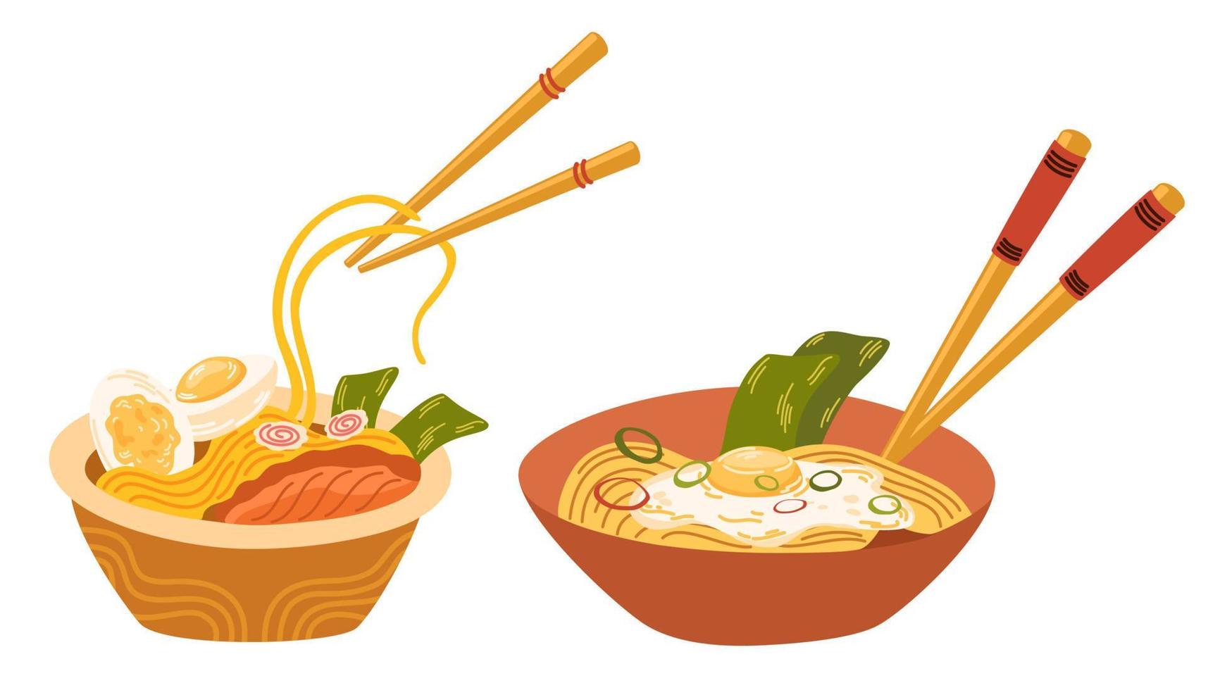 Ramen noodle set. Asian Food. Ramen noodle with egg, meat, fish, shrimp and seaweed. Perfect for restaurant cafe and print menus. Vector hand draw cartoon illustration.