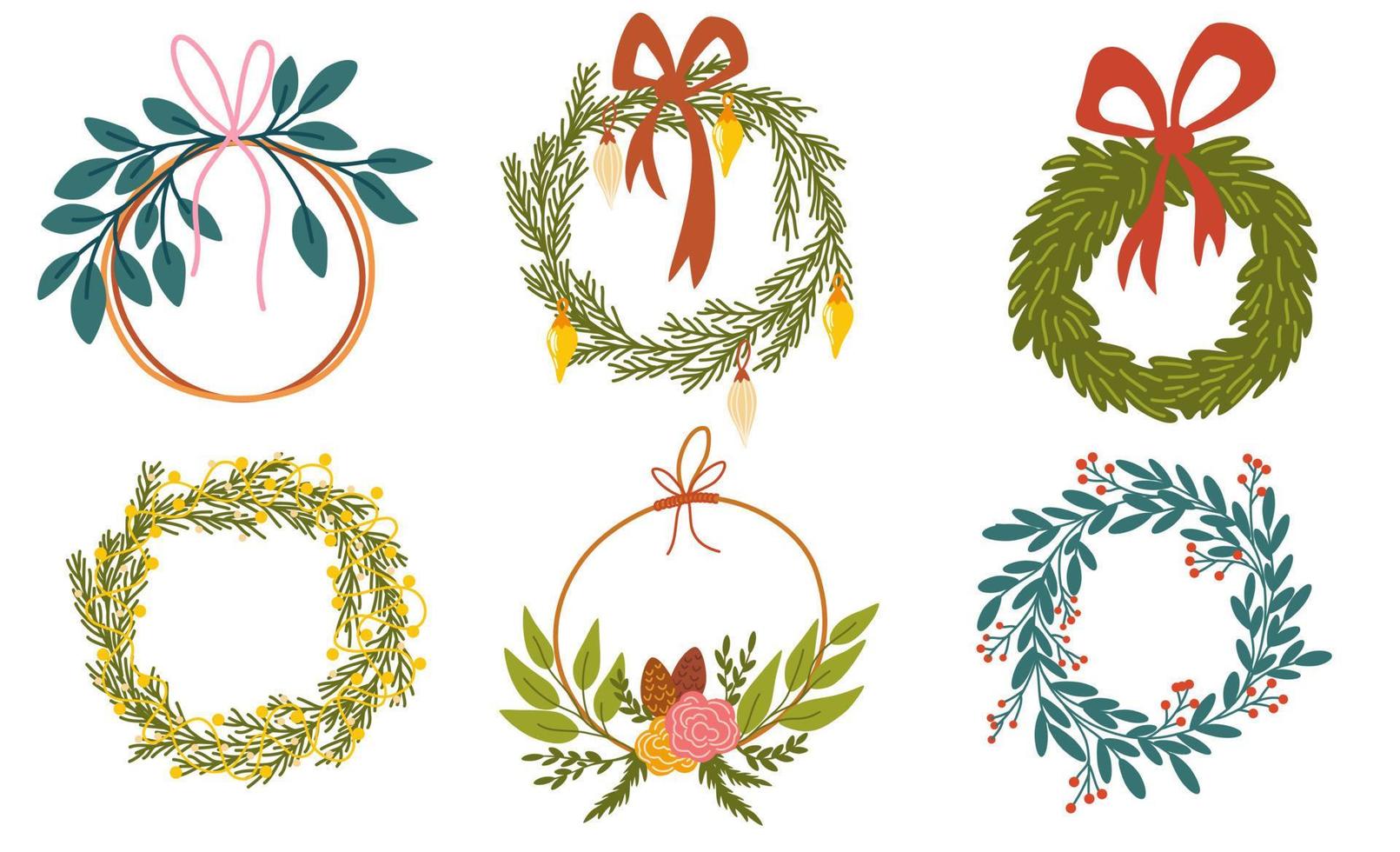 Christmas wreaths set. Decor for New Year Christmas and holiday. Wreath with holly berries, mistletoe, pine and fir branches, cones, rowan berries. Hand drawn illustration isolated vector