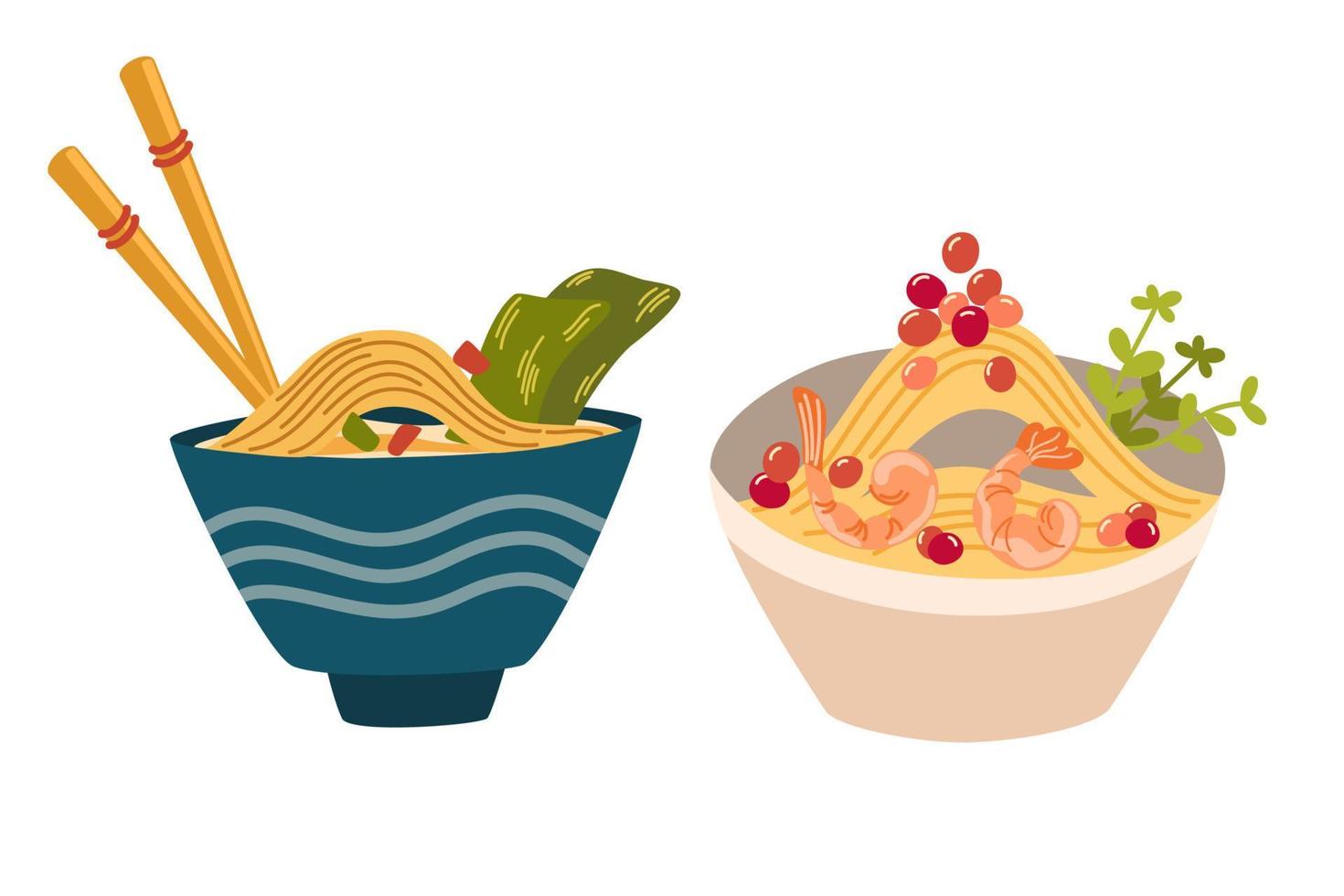 Ramen noodle set. Asian Food. Ramen noodle with egg, meat, fish, shrimp and seaweed. Perfect for restaurant cafe and print menus. Vector hand draw cartoon illustration.