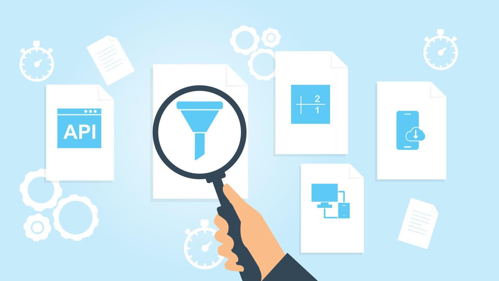 Database, server, download file, document research vector illustration. Document with search icons. File and magnifying glass. Analytics research sign. Vector Illustration on white background