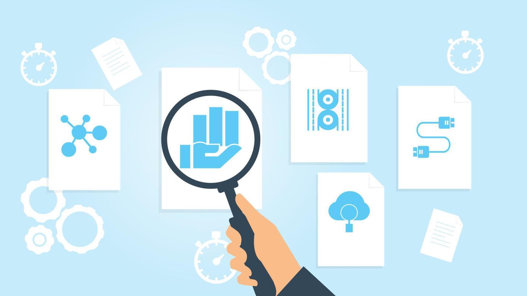 Database, server, plug in file, document research vector illustration. Document with search icons. File and magnifying glass. Analytics research sign. Vector Illustration on white background