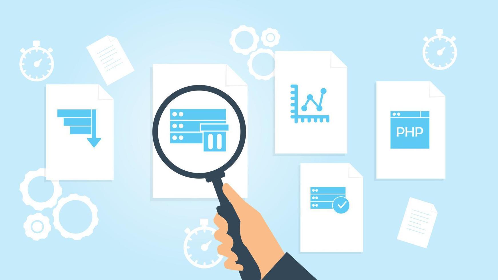 Database, server, pup file, document research vector illustration. Document with search icons. File and magnifying glass. Analytics research sign. Vector Illustration on white background