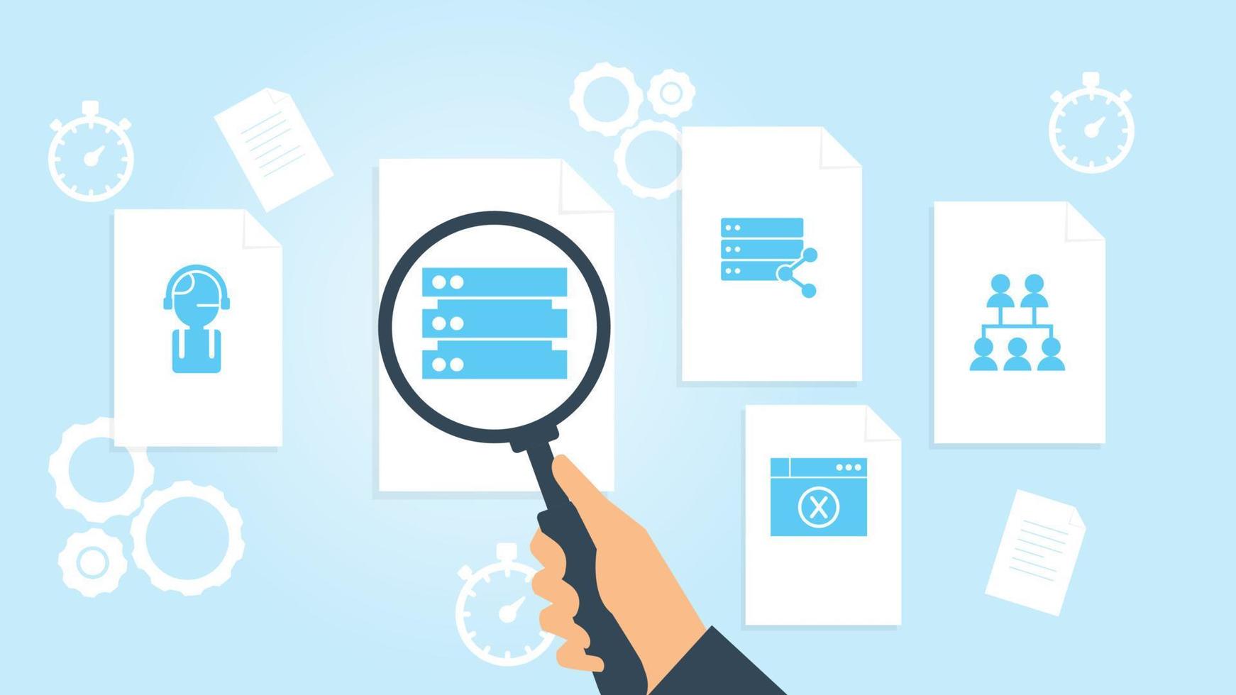 Database, server, network file, document research vector illustration. Document with search icons. File and magnifying glass. Analytics research sign. Vector Illustration on white background