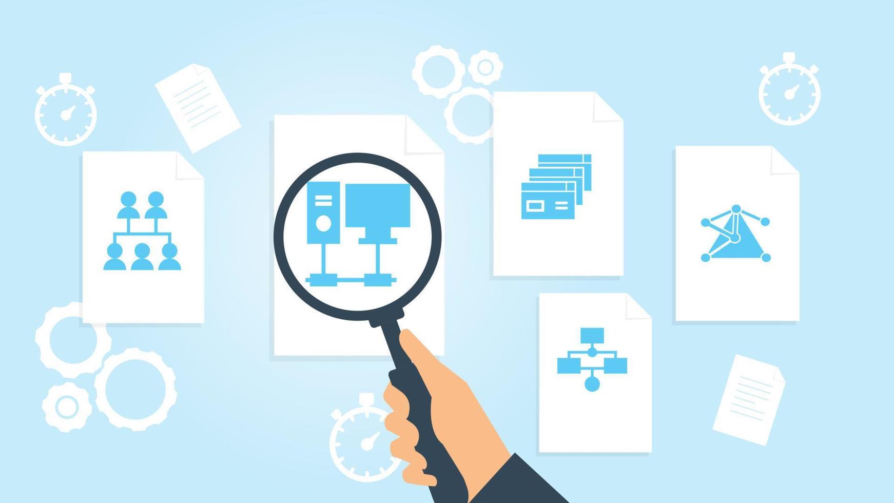 Database, server, connection file, document research vector illustration. Document with search icons. File and magnifying glass. Analytics research sign. Vector Illustration on white background