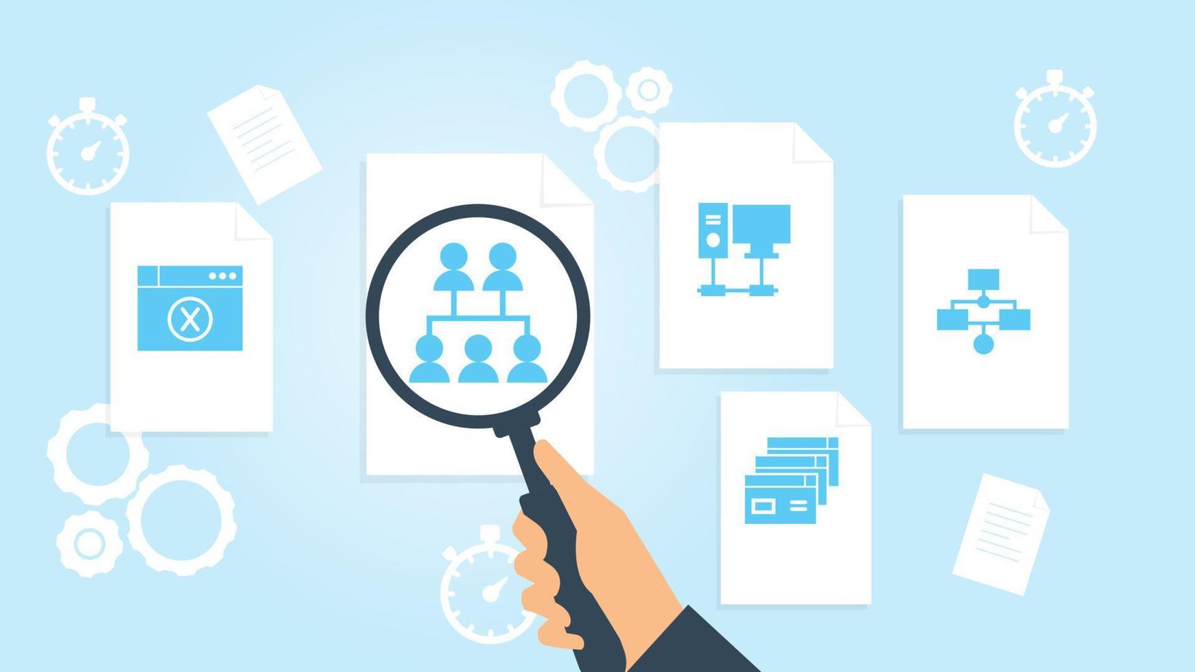 Database, server, workflow file, document research vector illustration. Document with search icons. File and magnifying glass. Analytics research sign. Vector Illustration on white background