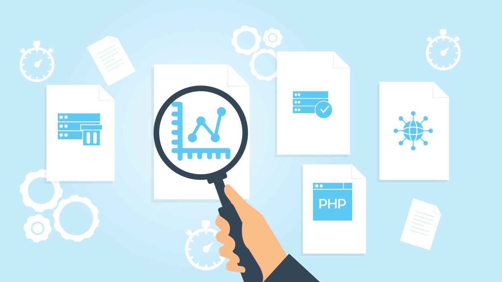 Database, server, network file, document research vector illustration. Document with search icons. File and magnifying glass. Analytics research sign. Vector Illustration on white background