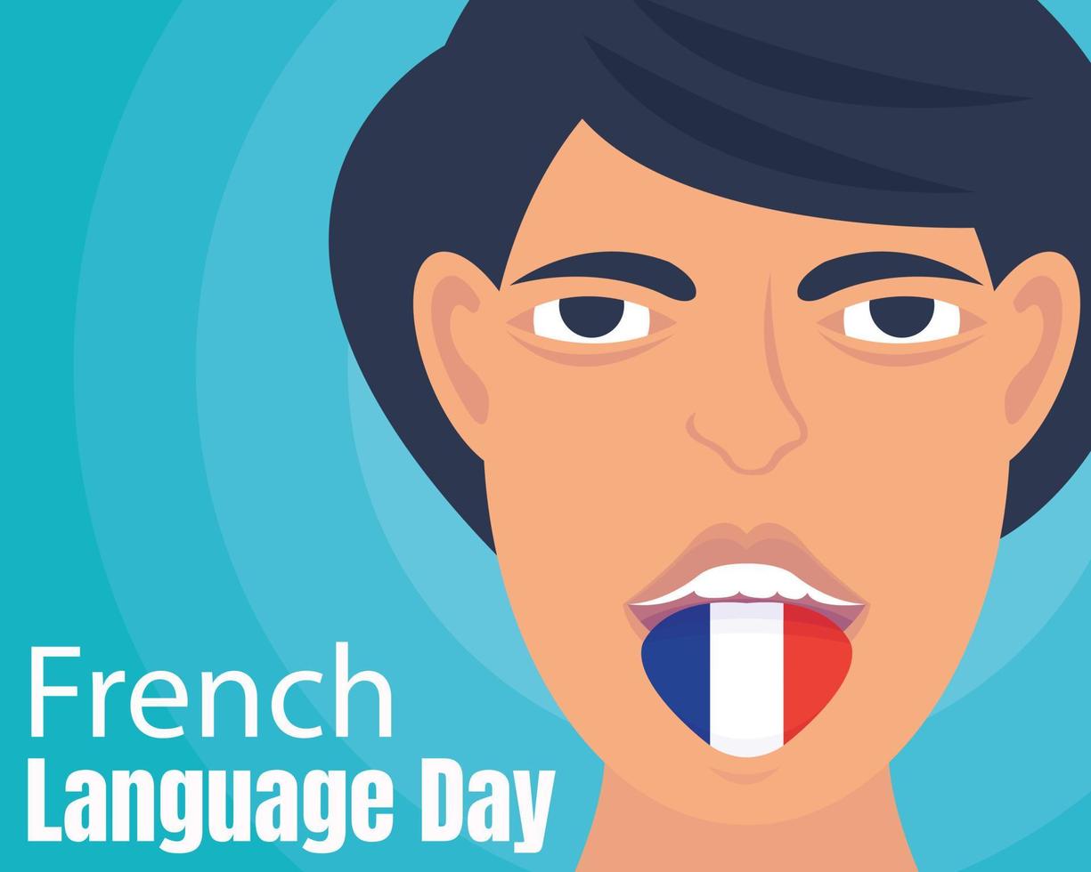 gráfico vectorial ilustrativo de un hombre sacando la lengua con una bandera francesa, perfecto para el día internacional, día del idioma francés, celebración, tarjeta de felicitación, etc. vector