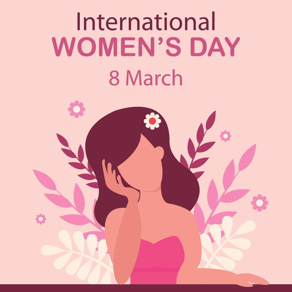 illustration vector graphic of a woman is daydreaming at a table, showing leaves in the background, perfect for international day, international womens day, celebrate, greeting card, etc.