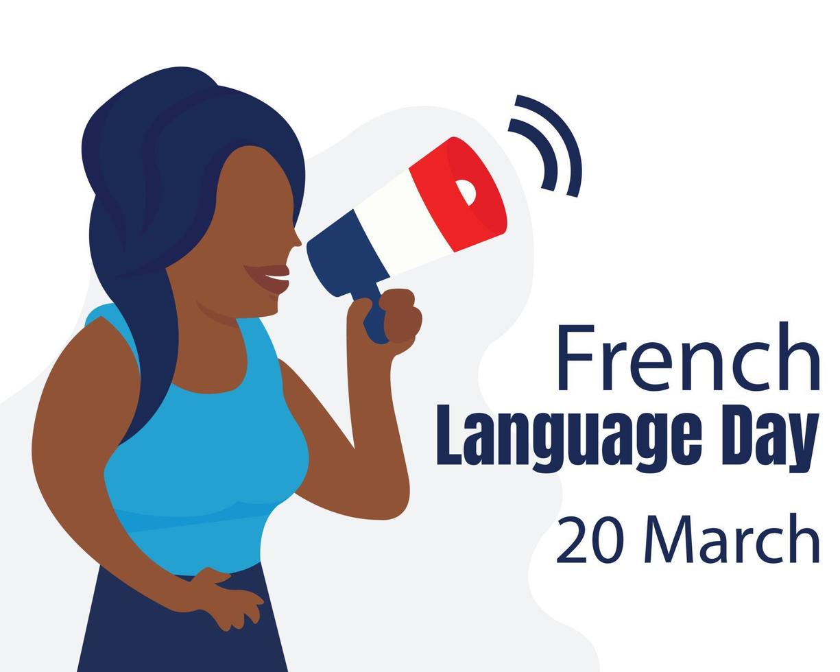 illustration vector graphic of a woman holding a megaphone with a french flag, perfect for international day, french language day, celebrate, greeting card, etc.