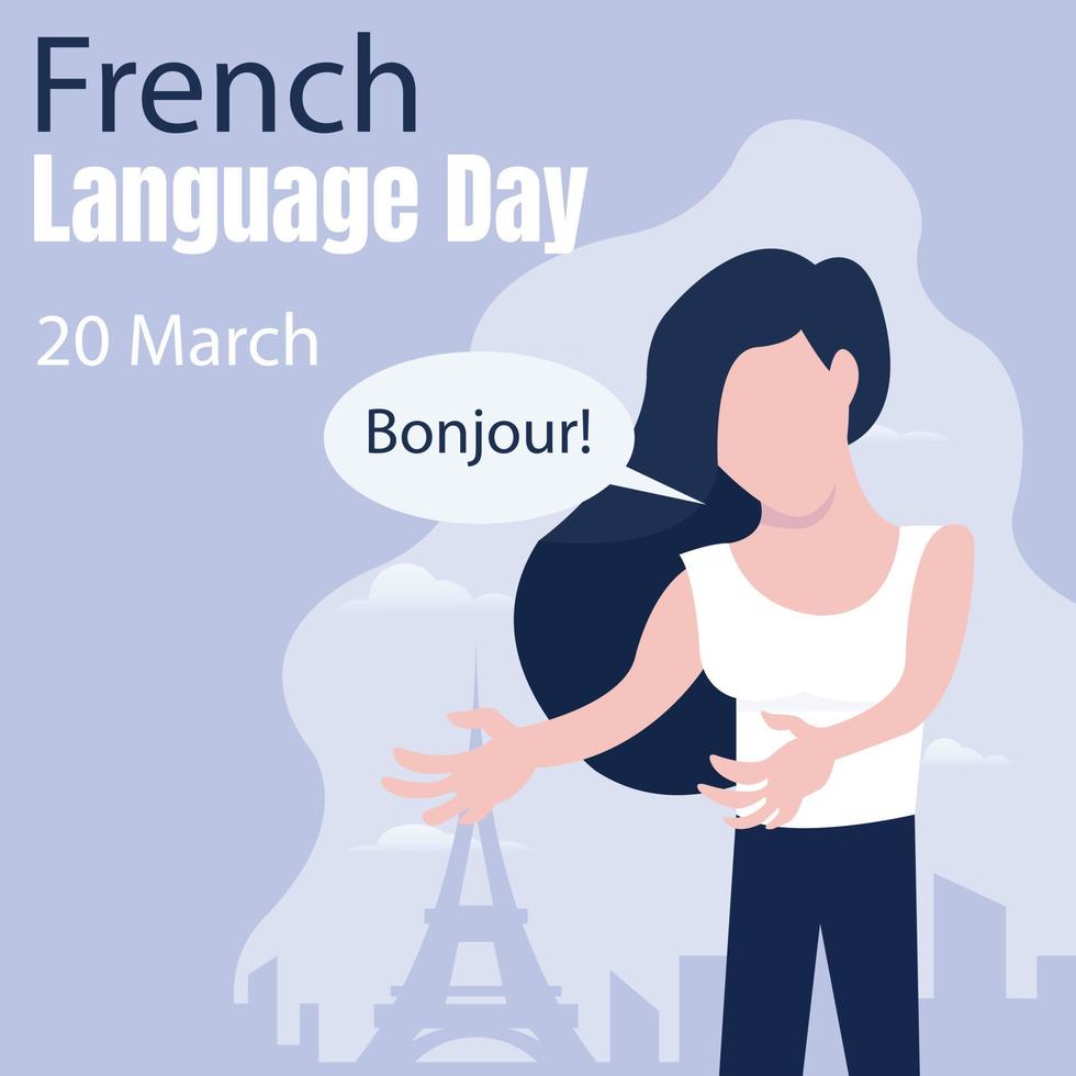 illustration vector graphic of a woman greets in french, showing a silhouette of the city of paris, perfect for international day, french language day, celebrate, greeting card, etc.