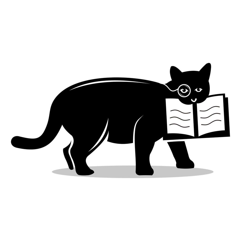 lindo gato gordo logo silueta investigador en gafas caminando mientras muerde un libro vector